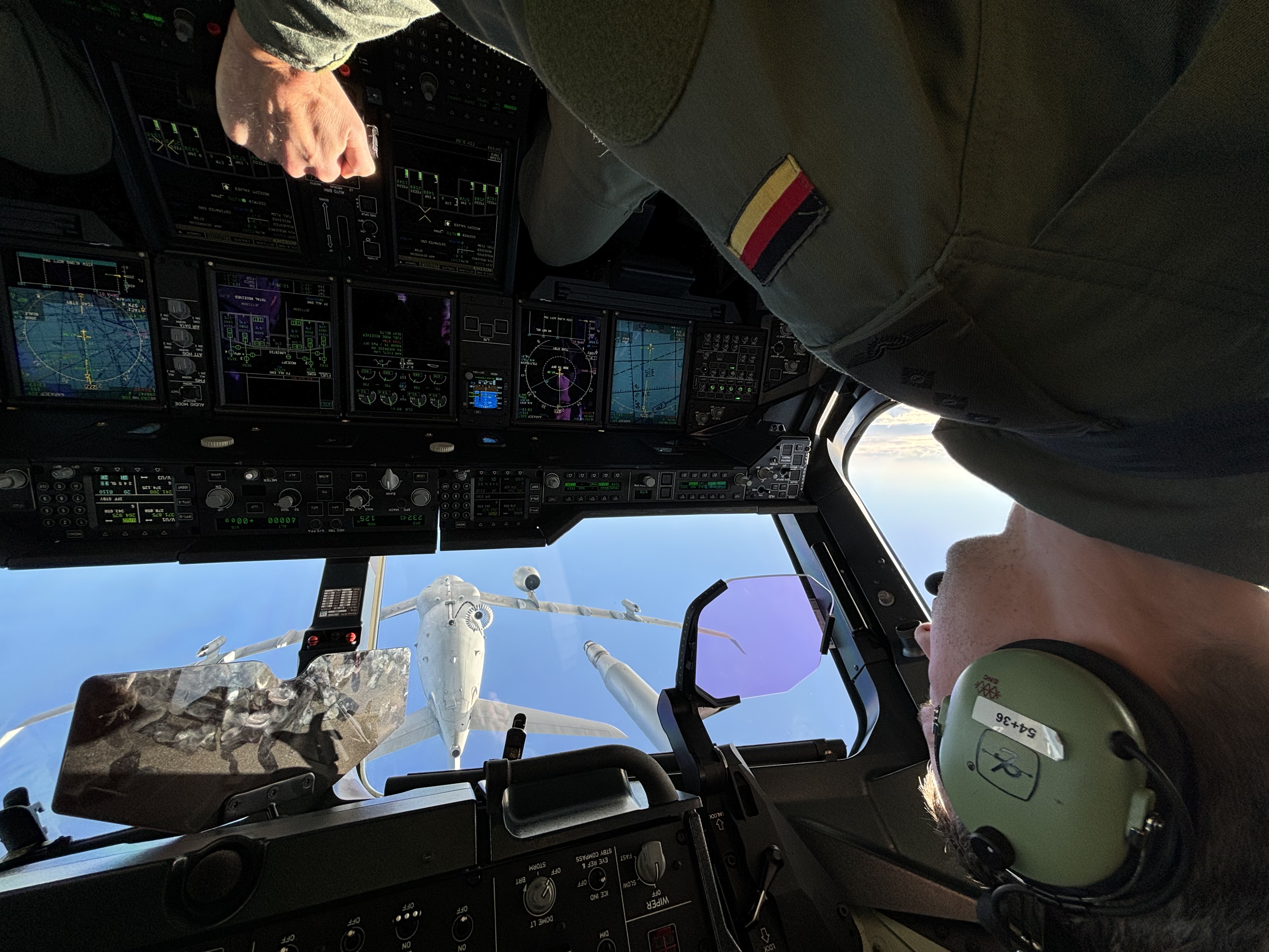 Photo - Captain of the A400M approaches the trailing refuelling basket of the RAF Voyager